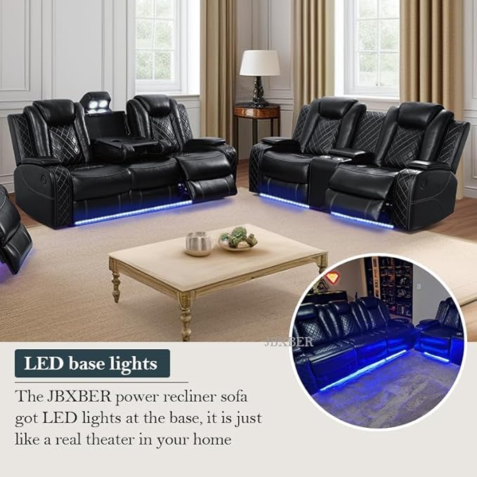 Power Recliner Sofa Set for Living Room, Leather Power Reclining Sofa Sets with LED Lights, Console Storage, Recliner Couch with USB Port(Sofa, Loveseat and Chair,Black)