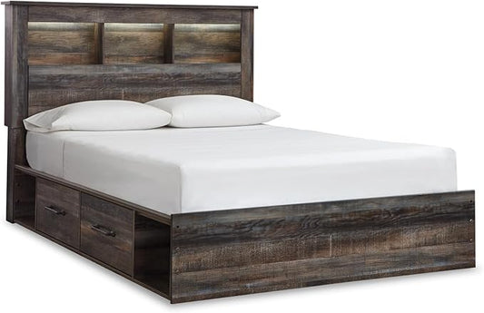 Signature Design by Ashley Drystan Rustic Queen Bookcase Bed with 4 Storage Drawers, Open Cubbies and LED Light, Foundation or Box Spring Not Needed, Dark Brown & Gray