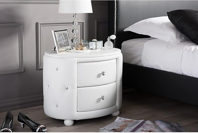 Baxton Studio Davina Hollywood Glamour Style Oval 2-Drawer Faux Leather Upholstered Nightstand, Medium, White