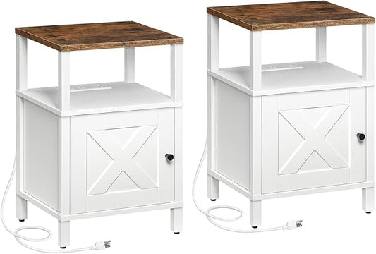 Set of 2 Farmhouse Nightstand with Charging Station, White Bedside Table with USB&Type-C Ports and Outlets, End Table with Storage, Night Stand for Bedroom, White and Rustic Brown