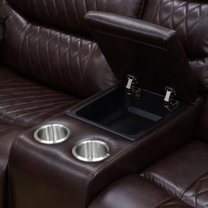 Leather Power Recliner Sofa Set with LED, Living Room Furniture Set, Leather Sofa Set with USB Port Storage Console Cup Holder for Office Living Room Home (Dark Brown)