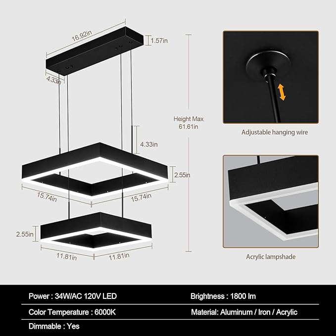 Modern 2 Ring Dimmable Square Black Chandelier with Adjustable Pendant for Dining, Bedroom, Living Room
