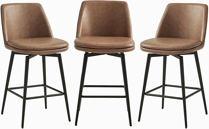 CHITA Swivel Bar Stools, 27.2" Counter Height Bar Stools Set of 3, FSC Certified Upholstered Modern Counter Stools, Metal Legs, Faux Leather, Saddle Brown