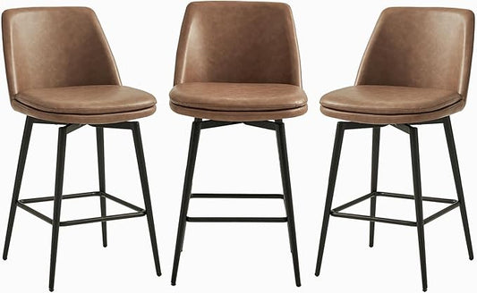 CHITA Swivel Bar Stools, 27.2" Counter Height Bar Stools Set of 3, FSC Certified Upholstered Modern Counter Stools, Metal Legs, Faux Leather, Saddle Brown