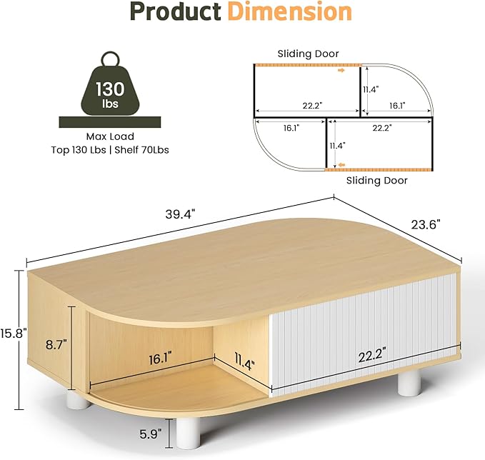 Boho 39.4" Coffee Table with Storage - Leaf-Shaped Wood Center Table, Retro Fluted Central Table with Sliding Door for Living Room Home Office, Oak