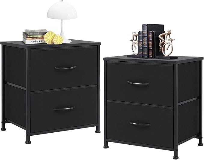 NEWBULIG Nightstand with 2 Fabric Drawers, 25 Inch Tall Small Dresser, Bedside Table with Storage for Bedroom, Closet, Entryway, Dorm, 2 Pack with Sturdy Frame and Compact Design, Black02