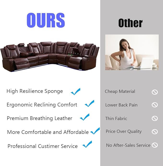 Leather Power Reclining Sectional Sofa Sets, Brown Recliner Sectional Sofa and 2 Chairs, Power Recliner Couch Living Room Furniture Set, L-Shaped Breathing Leather Couch with LED for Office