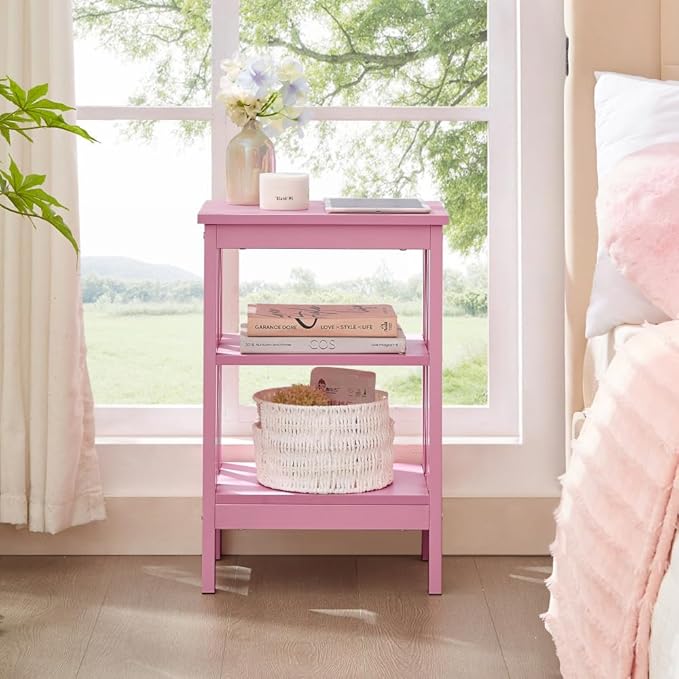VECELO End Table, Bedside Table, 24" Tall Living Room End Tables, X-Design Reinforced Nightstands, Side Table with 3-Tier Storage Shelves for Small Spaces, Office, Bathroom, Bedroom, Pink
