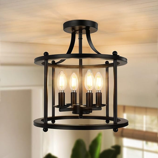 Farmhouse Semi Flush Mount Ceiling Light Fixture, 4-Light Industrial Ceiling Light w/ E12 Base Metal Rustic Vintage Chandelier Lighting for Kitchen Dining Room Hallway Entryway Foyer (Matte Black)
