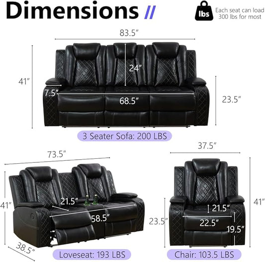 Power Reclining Sofa Set, Living Room Furniture Sets, Leather Power Recliner Sofa Loveseat with Cup Holders/Storage/Charging, Breathing Leather Reclining Couch for Home Theater/Office, Black