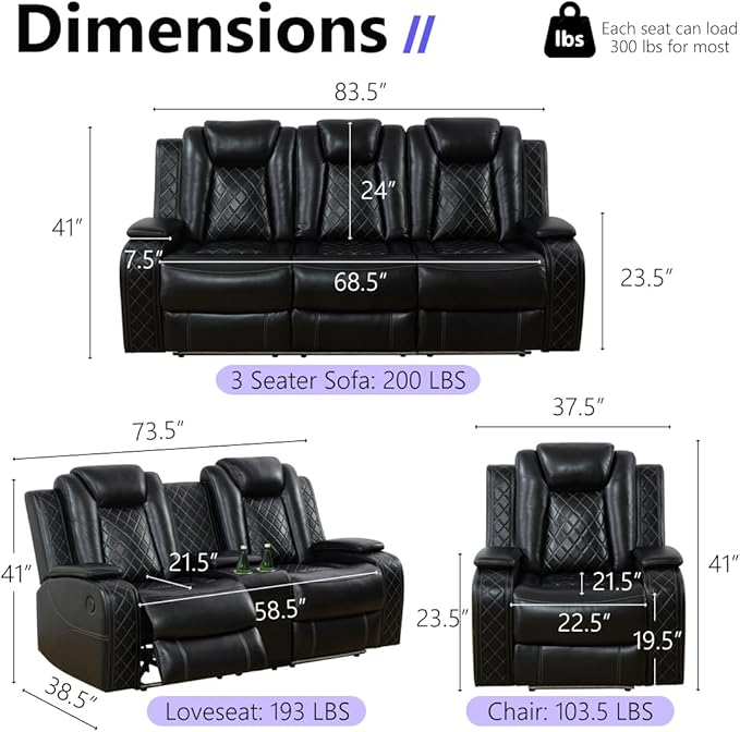 Power Reclining Sofa Set, 3PCS Living Room Set with Recliners, Luxury Recliner Sofa & 2 Chairs with Charging/Storage/LED, Breathing Leather Reclining Couch for Home Theater/Office, Black