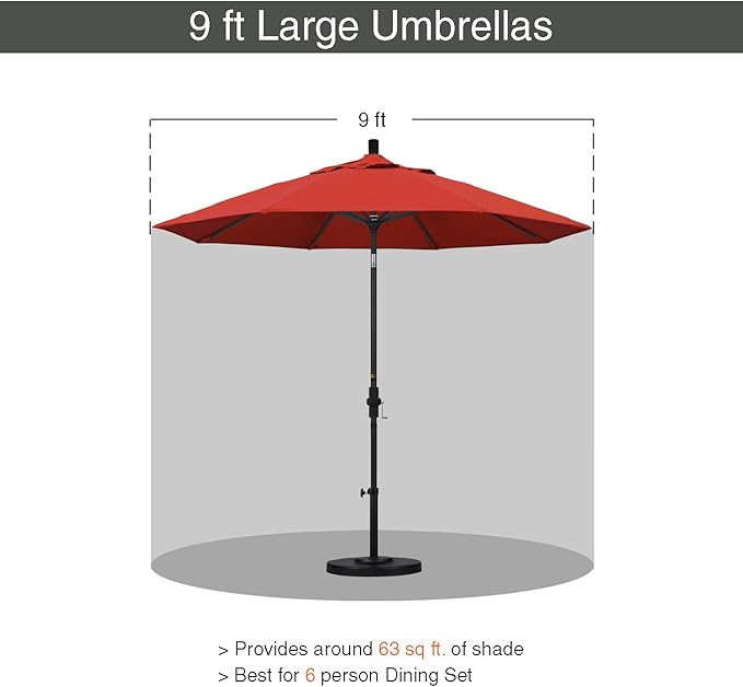 California Umbrella 9' Round Aluminum Pole Fiberglass Rib Patio Umbrella, Crank Lift, Collar Tilt, White Finish, Sunset Olefin