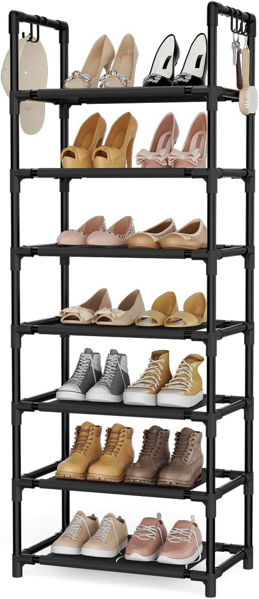 7 Tiers Shoe Rack 18-20 Pairs Boots Organizer Storage Sturdy Narrow Shoe Shelf for Entryway, Closets with Hooks, Black