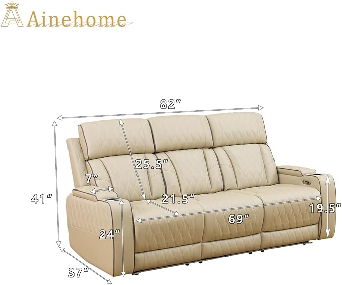 A Ainehome Power Leather Recliner Sofa Set, Recliner Sofa Sectional Couches for Living Room, Reclining Sofa, loveseat, Chair with Storage Console/Cup Holders(Khaki,Sofa)
