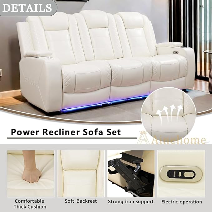A Ainehome Power Leather Recliner Sofa Set with LED Lights, Recliner Sofa Sectional Couches for Living Room, Reclining Sofa and loveseat with USB Port/Storage Console(Creamy White,Sofa)
