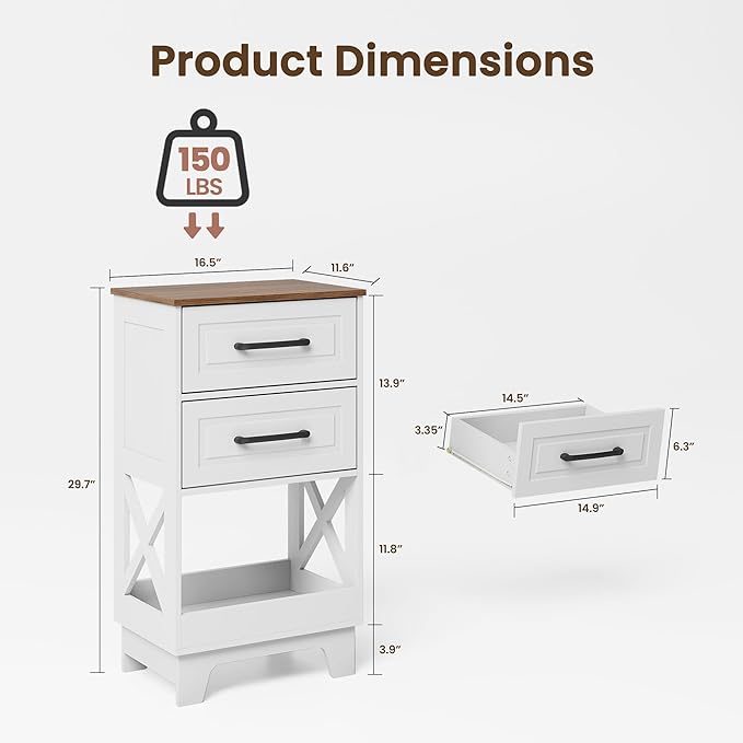 Tall Nightstand Set of 2 Side Table Modern Night Stand with 2 Drawers Wooden Rustic End Table Bedside Table with Upper Open Shelf Solid Feet for Bedroom White+Walnut