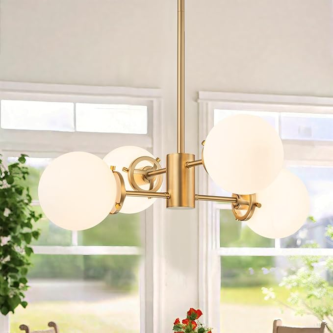 Gold Sputnik Chandelier with Milk Glass Globes, 23.6" 4-Light Mid-Century Pendant Light for Dining Room, Living Room,Foyer, Entryway