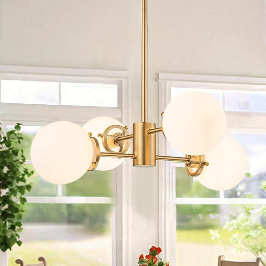 Gold Sputnik Chandelier with Milk Glass Globes, 23.6" 4-Light Mid-Century Pendant Light for Dining Room, Living Room,Foyer, Entryway