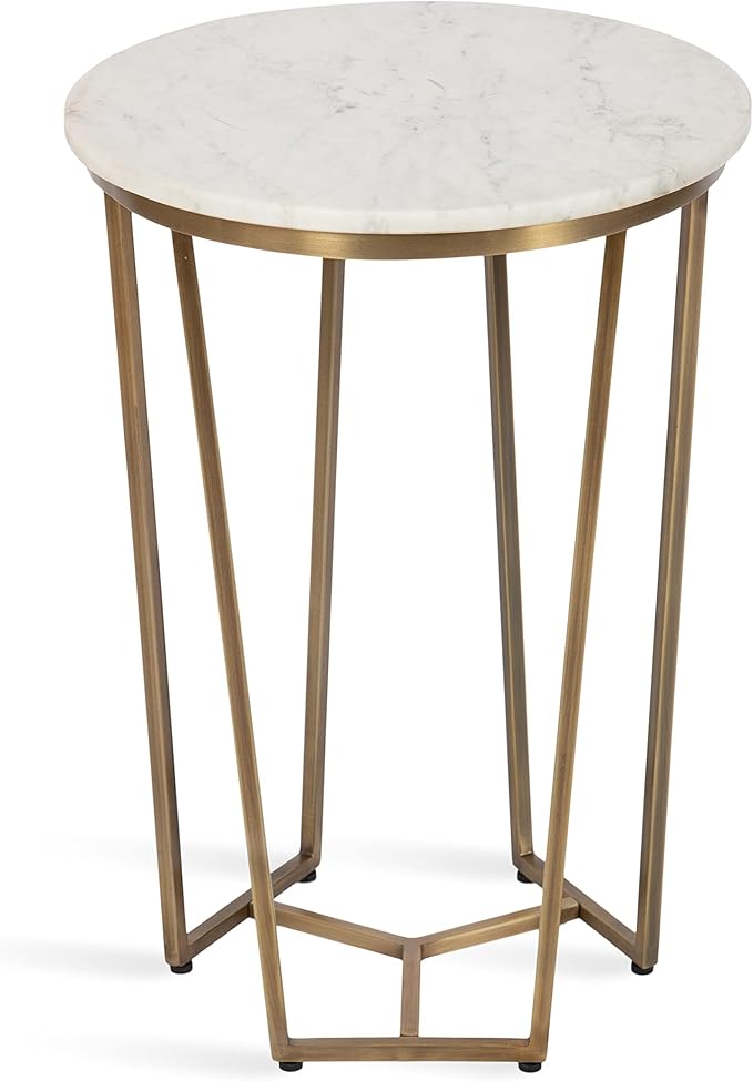 Kate and Laurel Solvay Round Metal and Marble Side Table; 16 x 16 x 24; White Marble and Antique Brass; Modern Glam Bedroom Nightstand Table with Premium Natural Marble Stone and Iron Base