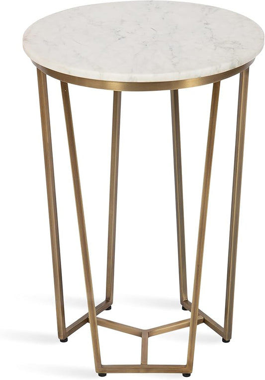 Kate and Laurel Solvay Round Metal and Marble Side Table; 16 x 16 x 24; White Marble and Antique Brass; Modern Glam Bedroom Nightstand Table with Premium Natural Marble Stone and Iron Base