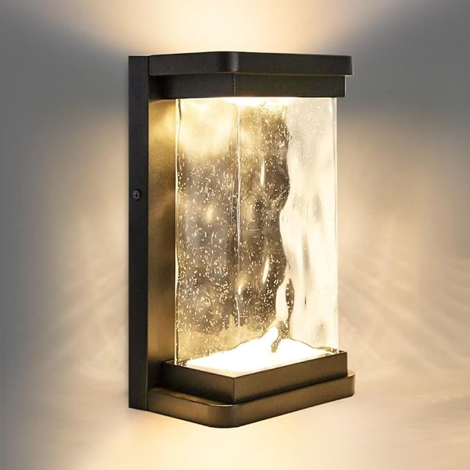 LUTEC 1000 Lumen Outdoor LED Wall Light Fixture, Dusk to Dawn Porch Light Wall Sconce with Seeded Glass, Matte Black Wall Lantern Exterior Lighting for House Backyard Patio, 3000K