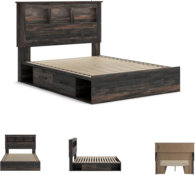 Signature Design by Ashley Drystan Rustic Queen Bookcase Bed with 4 Storage Drawers, Open Cubbies and LED Light, Foundation or Box Spring Not Needed, Dark Brown & Gray