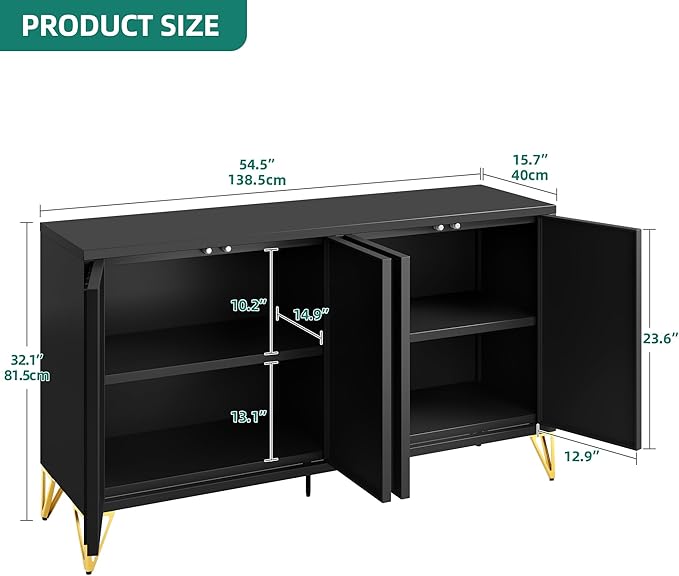 YITAHOME 55" Metal Storage Cabinet, Sideboard Buffet Cabinet with Adjustable Shelf, Metal Accent Console Credenza for Living Room, Kitchen, Dining Room, Black