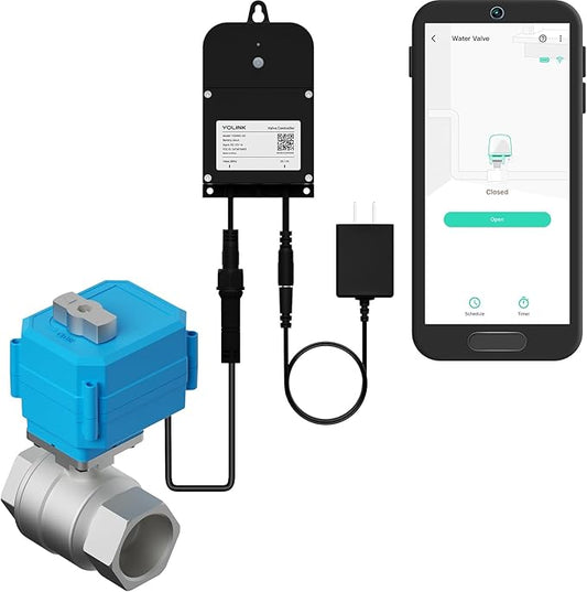 NSF Certified YoLink Valve Controller 2 Kit, 2" Stainless Steel Motorized Ball Valve, LoRa Long Range, D2D Offline with Leak Sensors, 12V Adapter + AA Backup, Hub Required