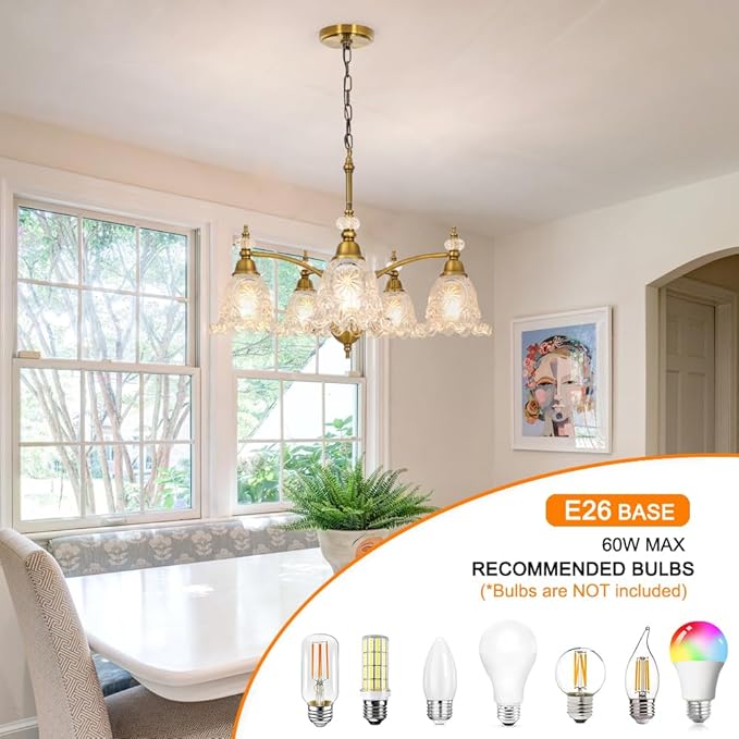 Vintage 5 Light Chandelier, Brass Dining Room Light Fixtures Over Table, Farmhouse Glass Chandelier Ceiling Light Fixture for Kitchen, Dinning, Foyer, Bathroom, Living Room