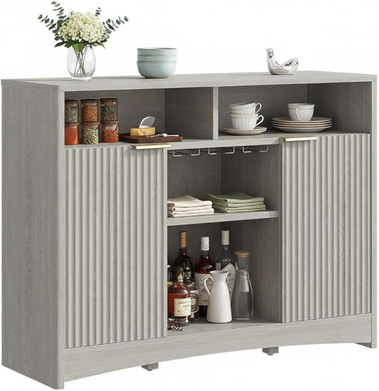 Marsail 47.2" Bar Cabinets with Storage,Modern Sideboard with Fluted Glass Doors,Versatile Coffee Bar with Adjustable Shelves and Stemware Rack for Kitchen and Living Room,Light Grey