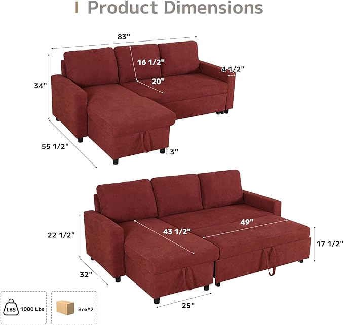 Yafylly L-Shaped Sleeper Sofa with Chaise Lounge & Storage, Pull-Out Couch Bed with Recliner, Full Size Futon for Living Room, Office, Apartment Red