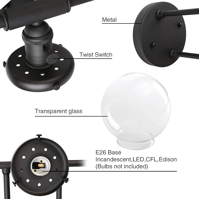 PERMO Vintage Wall Sconce Antique 3 Lights Modern Vanity Light Over Mirror Sconce with 5.9" Round Clear Glass Globe Shade (Black)