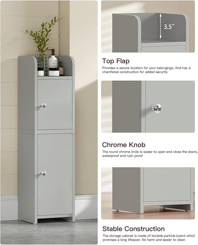 TEENFON Small Bathroom Storage Cabinet, Storage Cabinet with Doors and Adjustable Shelves, Corner Bathroom Cabinet, Narrow Cabinets for Small Spaces, Grey