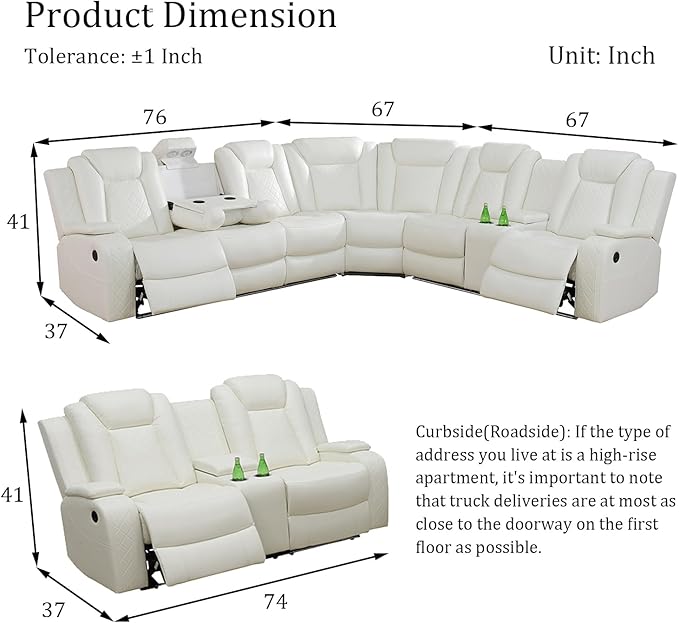 Power Reclinier Sectional Sofa Set,White Leather Reclining Sectional Modular Sofa Set with Loveseat,L Shaped Leather Couch with LED Light for Living Room/House/Apartment/Lounge(L+Loveseat)