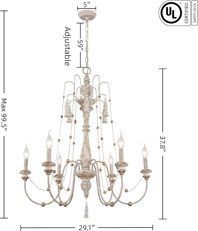 LALUZ Farmhouse Chandelier, 6-Light Distressed Wood Chandeliers for Dining Room, French Country Lighting Lights Fixtures with Bead Strings, 29.1" L x 37.8" H