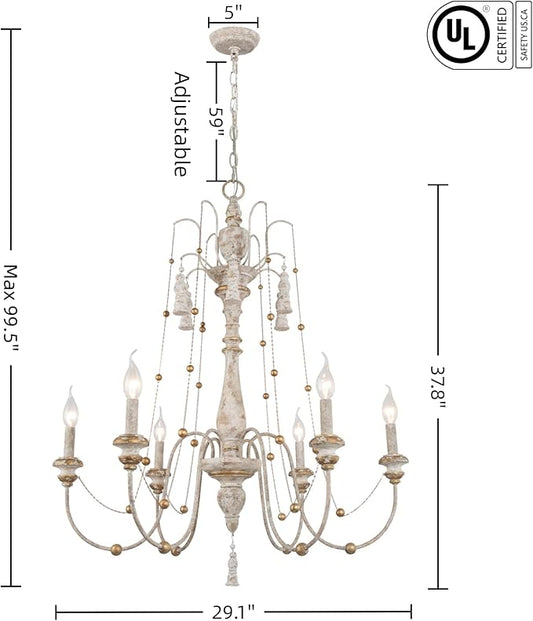LALUZ Farmhouse Chandelier, 6-Light Distressed Wood Chandeliers for Dining Room, French Country Lighting Lights Fixtures with Bead Strings, 29.1" L x 37.8" H
