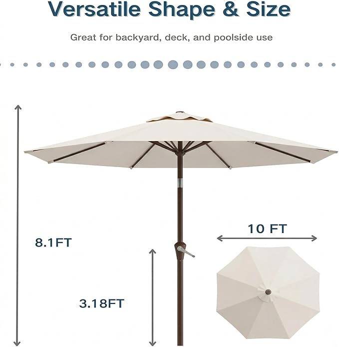 PatioKingdom 10FT Patio Umbrella with Push Button Tilt and Crank, Outdoor Market Umbrella with 8 Fiberglass Ribs, UV Protection Table Umbrella for Pool,Backyard,Garden,Deck
