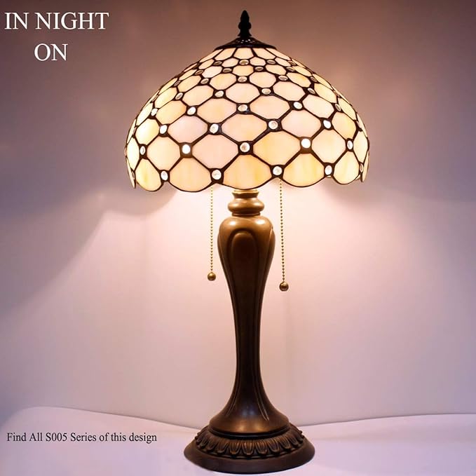 WERFACTORY Tiffany Lamp Stained Glass Table Lamp Cream Pearl Bead Style Desk Reading Light 12X12X22 Inches Decor Bedroom Living Room Home Office S005 Series