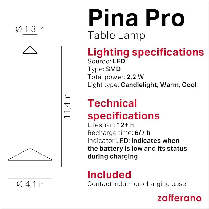 Zafferano, Pina Pro Lamp, Rechargeable Cordless Table Lamp with Touch Controls, Suitable for Indoor and Outdoor, Dimmer, 2200-3000 K, Height 11.4 Inches, Sage Color