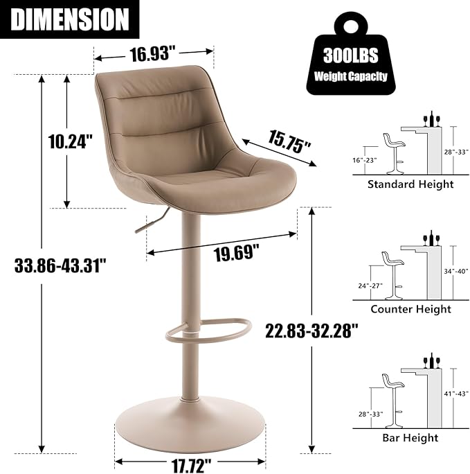 Kidol & Shellder Bar Stools Set of 2, Adjustable Swivel Counter Height Stools with Back, PU Faux Leather Upholstered, Modern Kitchen Island Home Bar Chair, Khaki