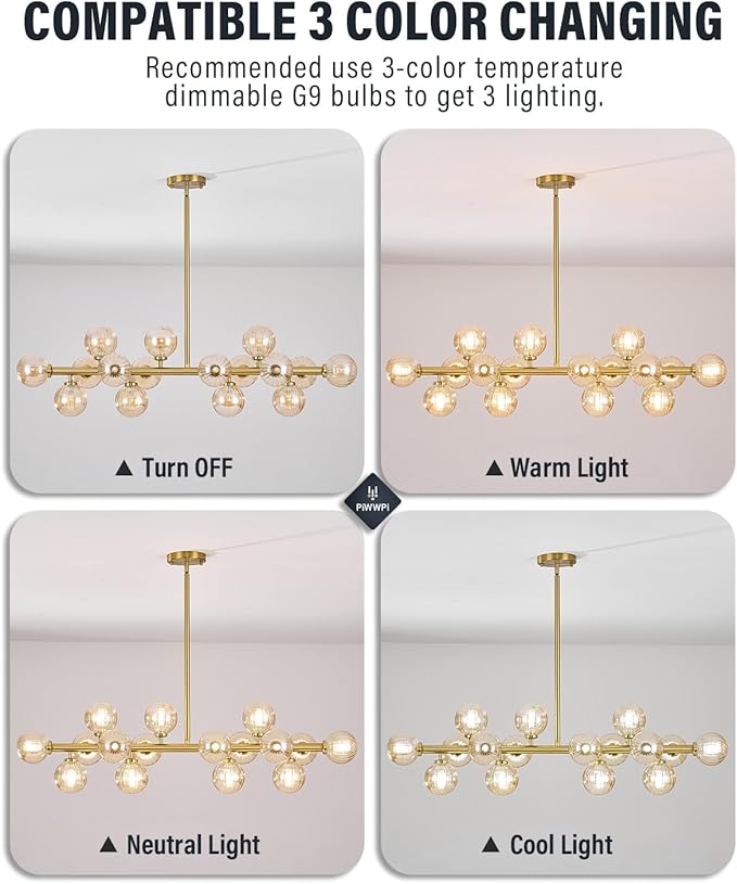 Glass Globe Sputnik Chandelier, 16-Light Mid Century Modern Light Fixture Over Table, Linear Chandeliers for Dining Room, Kitchen Island, Brass Gold and Clear Bubble, 40 Inch, GC-02