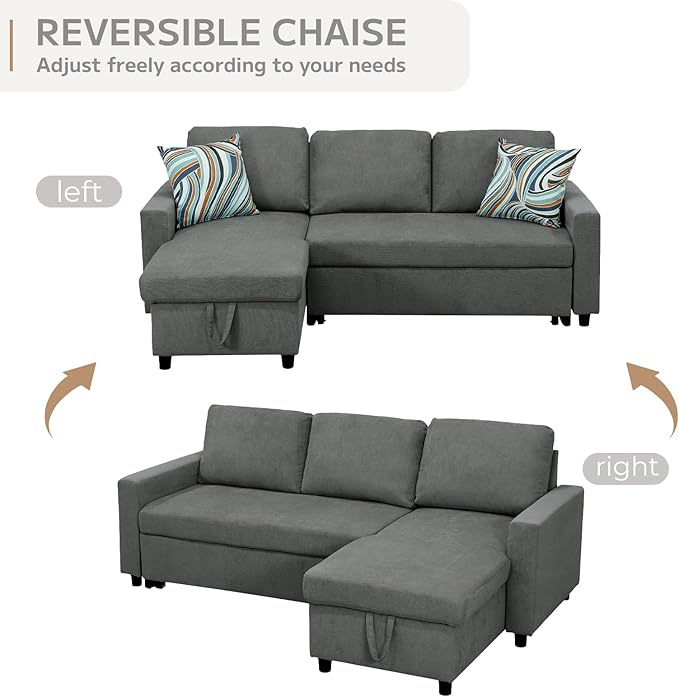 Yafylly L-Shaped Sleeper Sofa with Chaise Lounge & Storage, Pull-Out Couch Bed with Recliner, Full Size Futon for Living Room, Office, Apartment Dark Grey
