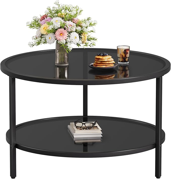 SAYGOER 27.6'' Round Coffee Table 2 Tier Black Glass Coffee Tables with Storage Shelf for Large or Small Space Modern Simple Sofa Table for Living Room Home Office, Easy Assembly…