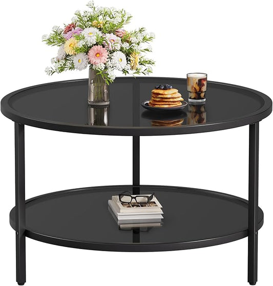 SAYGOER 27.6'' Round Coffee Table 2 Tier Black Glass Coffee Tables with Storage Shelf for Large or Small Space Modern Simple Sofa Table for Living Room Home Office, Easy Assembly…