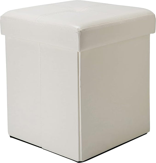 Simplify Faux Leather Folding Storage Ottoman | Single | Collapsible | Tufted Padded Seating | Foot Rest | Bench | Toy Box | Ivory