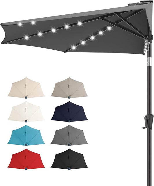 FLAME&SHADE 9 FT Solar Half Patio Umbrella with 25 LED Lights, Half Outdoor Umbrella with Button Tilt, Half Round Table Umbrella For Deck, Backyard, Balconies, Decks, Rvs, UV Protection (Anthracite)