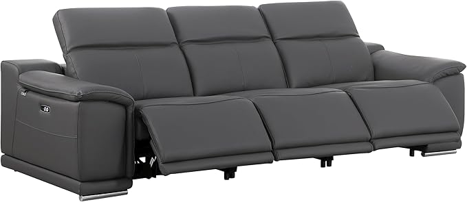 Blackjack Furniture Venice Top Grain Italian Leather Recliner 7 Seater 6 Power Reclining 3 Piece Sofa Set with Adjustable Headrests Modern Seating Sofa, Loveseat and Chair for Living Room, Dark Grey