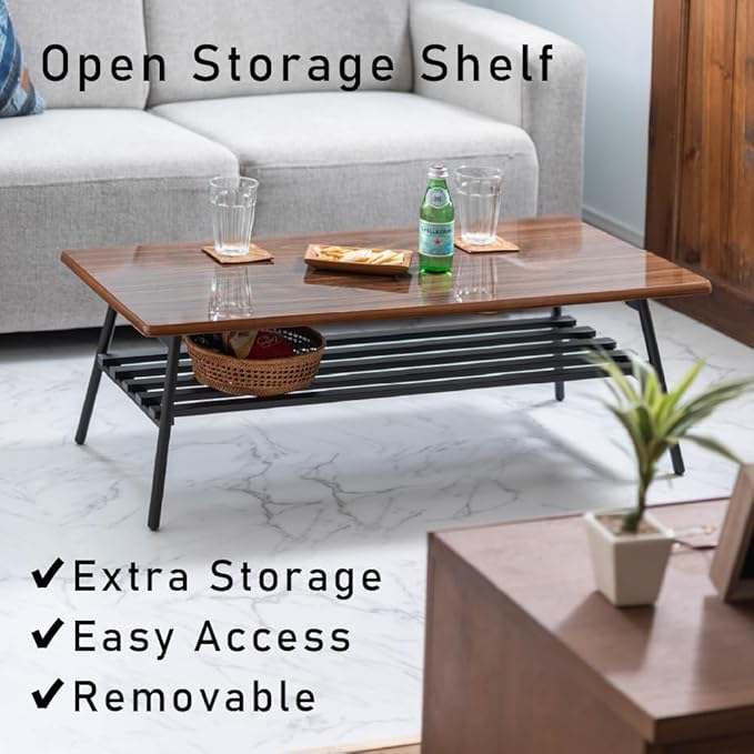 PaletteLife Folding Coffee Table with Storage Shelf, No Assembly, W41.3 x D18.9 x H13.4 in, Round Corner, for Dorm and Living Room, Portable and Space-Saving, Modern, Compact, Light Wood Tone