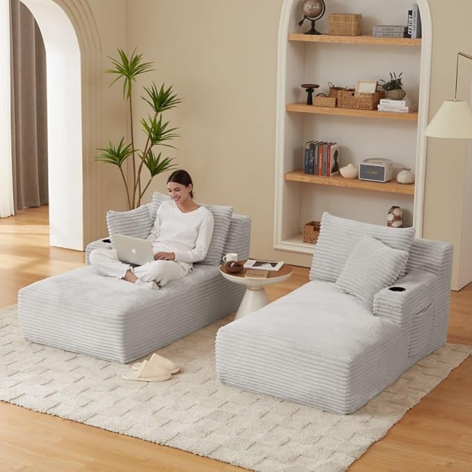 Eafurn Oversized Double Chaise Lounge Indoor with Cup Holders & Side Pocket, 71" Plush Corduroy Boneless Chaise Lounge Sofa with High Density Sponge & Deep High Seat Comfy Sleeper Couch Bed | Breathable material, No Assembly, 52" Deep Seat, 19.7" High ...