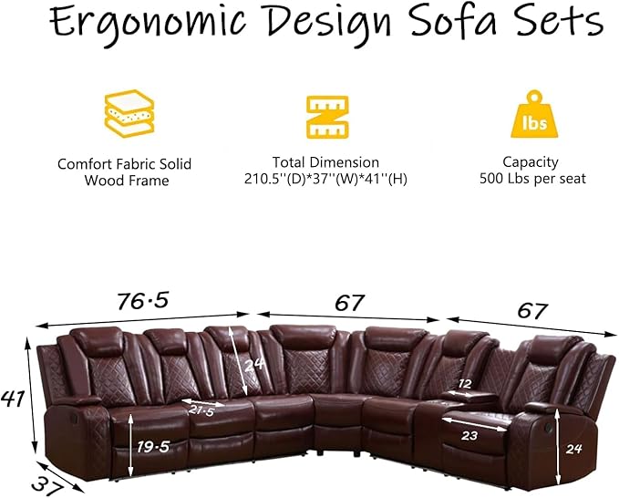 Power Recliner Sectional Sofa with LED, Breathing Leather Reclining Sectional Couch, L Shaped Couch with Dual Recliners, USB Port, Cup Holder&Storage (Garnet, Sectional+Loveseat(8 Seats))